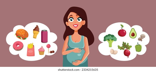 
Pregnant Woman Choosing Between Healthy and Unhealthy Diet Vector Cartoon. Mother to be deciding what to eat as sack during pregnancy 
