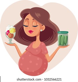 Pregnant Woman Choosing Between Ice Cream and Pickles Cartoon Illustration. Cute mother to be craving for sweet or sour food options