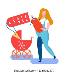 Pregnant Woman Choosing Pram Vector Illustration. Lady Buying Baby Bodysuit with Discount. Cheapest Price on Baby Carriage. Happy Future Mother Character. Sales for Children Care Products