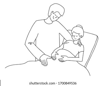 Pregnant woman in clinic. Birth partner. Happy fashion family couple hugs. Emotional support.black and white vector line style illustration