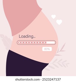 Pregnant woman closeup view, loading bar. Mother to be expecting and waiting to get to a full-term pregnancy for delivery date. Waiting for baby. Progress bar with hearts. flat vector illustration