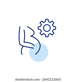 Pregnant woman and cogwheel. Prenatal care settings, maternity tracking app preferences, health monitoring configuration, personalized planning. Pixel perfect, editable stroke vector icon