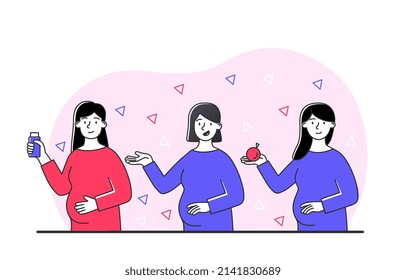 Pregnant woman collection. Girls with big belly with different products in their hands. Mektaphor of proper nutrition and caring for future baby, responsible women. Cartoon flat vector illustration