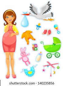 pregnant woman with a collection of items related to babies (JPEG available in my gallery)