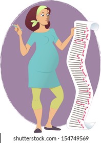 Pregnant woman with a comically long to-do list, vector cartoon