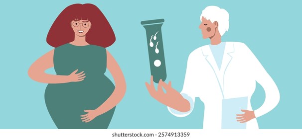 Pregnant woman as a concept of family planning using in vitro fertilization, flat vector stock illustration, consultation with a fertility specialist for IVF