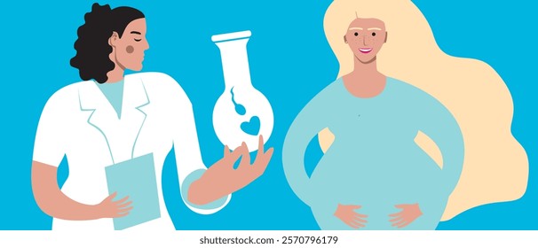 Pregnant woman as a concept of planning a family using in vitro fertilization, flat vector stock illustration, consultation with a doctor about donor sperm for IVF