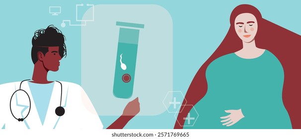 Pregnant woman as a concept of planning a family using in vitro fertilization, flat vector stock illustration, online technological consultation with a doctor for IVF