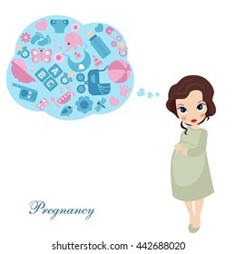 Pregnant woman concept. Pregnant woman and set of kid's icons.