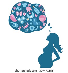 Pregnant woman concept. Silhouette of pregnant woman and  set of kid's icons.