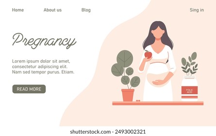 Pregnant woman concept vector illustration in cute cartoon style, healthcare and pregnancy. Landind page template design.