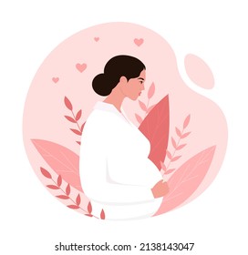 Pregnant woman concept. Young woman with big belly. Expectant mother and child. Graphic elements for website, poster or banner. Greeting postcards for newborns. Cartoon flat vector illustration