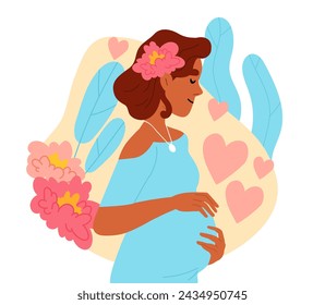 Pregnant woman concept. Young girl with big belly. Future mother. Parenthood and motherhood. Gynecology and reproductive system. Cartoon flat vector illustration isolated on white background