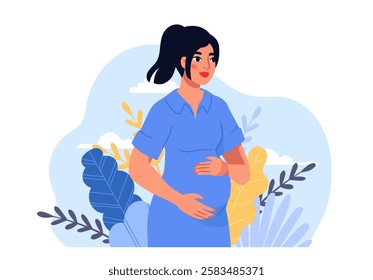 Pregnant woman concept. Young girl with big belly. Female Reproductive System and Fertility. Future mother. Gynecology and Anatomy. Motherhood and childbearing. Flat vector illustration