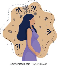 A pregnant woman is confused, feels depressed, fearful, worried. Vector illustration in a flat style.