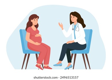 Pregnant woman at consultation with doctor. Woman and the doctor are talking in the office.Monitoring pregnancy and healthy.Vector illustration