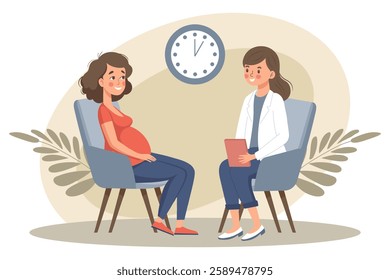 Pregnant woman at consultation with doctor.Monitoring pregnancy and healthy. Flat style illustration.