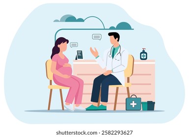 Pregnant woman consulting doctor in clinic. Healthcare, maternity care, pregnancy checkup, medical consultation, prenatal health, gynecology, obstetrician, maternal care, doctor appointment.