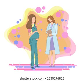 Pregnant Woman Consulting Doctor Fulllength Characters Stock Vector ...