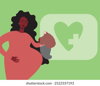 Pregnant woman consulting with doctor or gynecologist, flat vector stock illustration with place for text