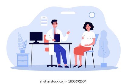 Pregnant Woman Consulting Doctor In His Office. Gynecologist Talking To Expecting Patient. Vector Illustration For Prenatal Care, Examination, Medical Checkup Concept