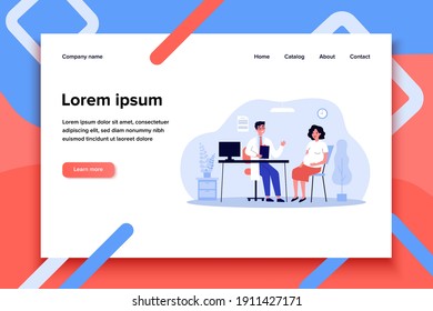 Pregnant woman consulting doctor in his office. Gynecologist talking to expecting patient. Vector illustration for prenatal care, examination, medical checkup concept