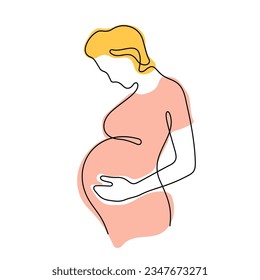 Pregnant woman continuous line colourful vector illustration
