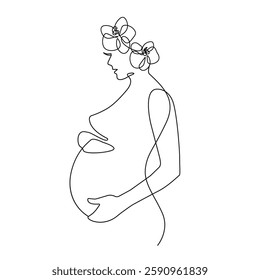 Pregnant Woman Continuous One Line Drawing. Single Line Drawing of Woman Pregnancy Silhouette. Happy Mother Day Minimalist Abstract Illustration for Card, Banner, Poster, Logo Design. Vector. Not AI