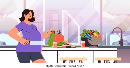 pregnant woman cooking at home future mom eating many fruits and vegetables pregnancy motherhood expectation