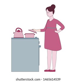 Pregnant woman cooking on a stove. Young future mum doing housework. Character flat vector illustration