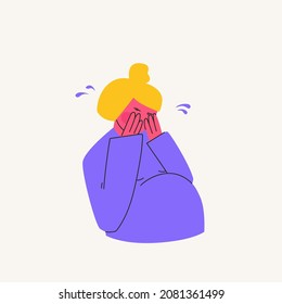 A pregnant woman covers her face with her hands and cries. Problems associated with expecting a child. Vector cartoon illustration of purple, yellow, pink colors.