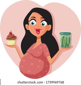 Pregnant Woman Craving Cupcake and Pickles Vector CartooCute mother to be experiencing cravings for sweet and sour
