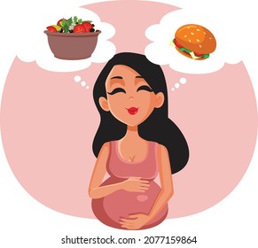 
Pregnant Woman Craving Food Vector Cartoon. Mother to be thinking what to eat deciding between healthy and unhealthy options
