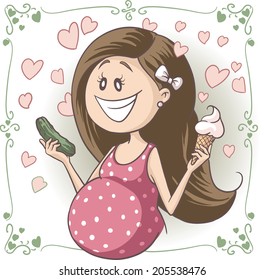 Pregnant Woman Craving Ice Cream and Pickle Vector Cartoon - Vector cartoon of a pregnant woman craving strange food combinations.  