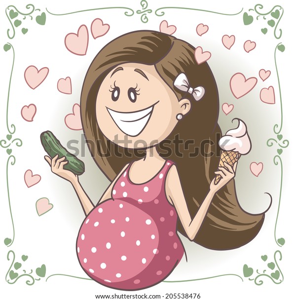 アイスクリームとピクルスベクター漫画を好む妊婦 奇妙な食べ物の組み合わせを求める妊婦のベクター漫画 のベクター画像素材 ロイヤリティフリー