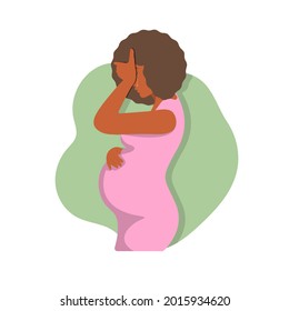 A pregnant woman cries and regrets her condition. Concept: unwanted pregnancy, unhappy woman, emotions, negativity, toxicosis. Vector flat cartoon illustration isolated on white background, eps 10.