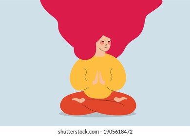 Pregnant woman in cross legged position mediates. Girl with closed eyes practicing yoga in the morning, doing relaxing and breathing exercice at home. Flat design body style for fitness concept.	