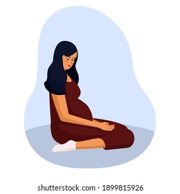 a pregnant woman is crying sitting on the floor. Depression during pregnancy. Hormones during pregnancy. Vector illustration in the flat style on a white background.