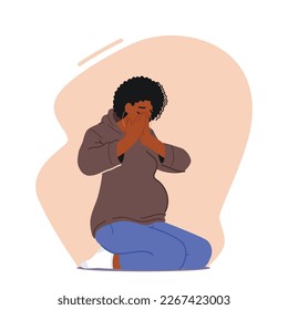 Mujer embarazada llorando sentada en el suelo. Carácter triste de mujer en vulnerables lágrimas de Estado. Experiencia Emocional De Embarazo, Alegría O Miedo A Esperar Un Bebé. Ilustración de vectores de personas de caricatura