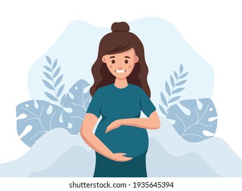 Pregnant woman. Cute pregnant woman caressing her belly. Vector illustration in cute cartoon style, healthcare, pregnancy. Healthcare concept