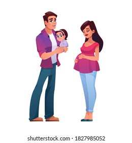 Pregnant woman and dad with baby isolated young parents with children. Vector happy couple waiting for newborn, togetherness, parenthood and pregnancy concept. Father and mother with toddler daughter