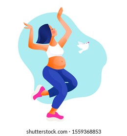 Pregnant woman dancing. Active well fitted pregnant female character. Happy pregnancy. Yoga and sport for pregnant. Flat cartoon vector illustration