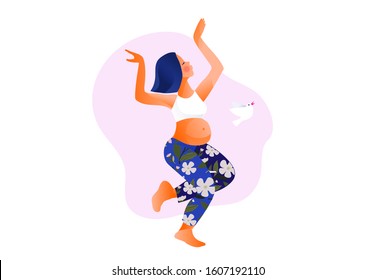 Pregnant woman dancing. Active well fitted pregnant female character. Happy pregnancy. Yoga and sport for pregnant. Flat cartoon vector illustration