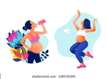 Pregnant woman dancing and drinking water set. Active well fitted pregnant female character. Happy pregnancy. Yoga and sport for pregnant. Flat cartoon vector illustration