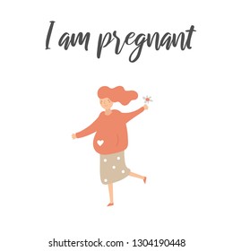 Pregnant woman dancing with i am pregnant lettering quote.  Lady expecting child 