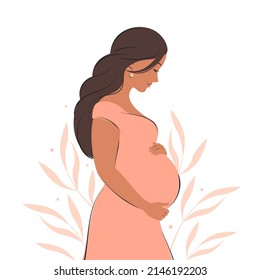 Pregnant woman with dark hair, future mom hugging belly with arms. Vector illustration.