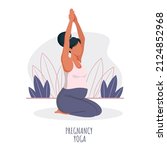Pregnant woman with dark hair meditates. Concept for yoga, meditation, health, care, pregnancy. Vector illustration
