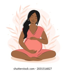 Pregnant woman woman with dark hair and skin meditates on the nature. Concept for yoga, meditation, health, care, pregnancy. Vector illustration