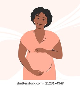 Pregnant woman with dark hair and skin, future mom hugging belly with arms. Pregnancy and motherhood concept. Vector illustration.