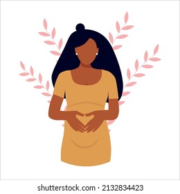 Pregnant woman with dark hair and skin, future mom hugging belly with arms. Pregnancy and motherhood concept. Vector illustration.